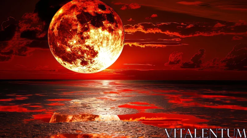 Eerie and Beautiful: Red Moon Rising Over a Dark Sea AI Image