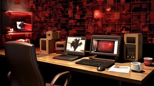 Eerie Dark Office with Mysterious Symbols and Computers