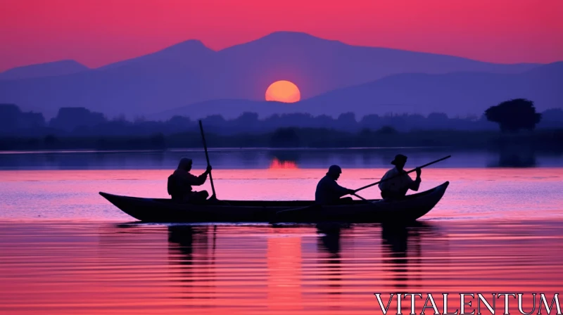 Romantic Sunset Painting with Canoe and Mountains AI Image
