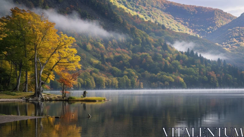 Autumn Landscape: Tranquil Lake and Majestic Mountains AI Image