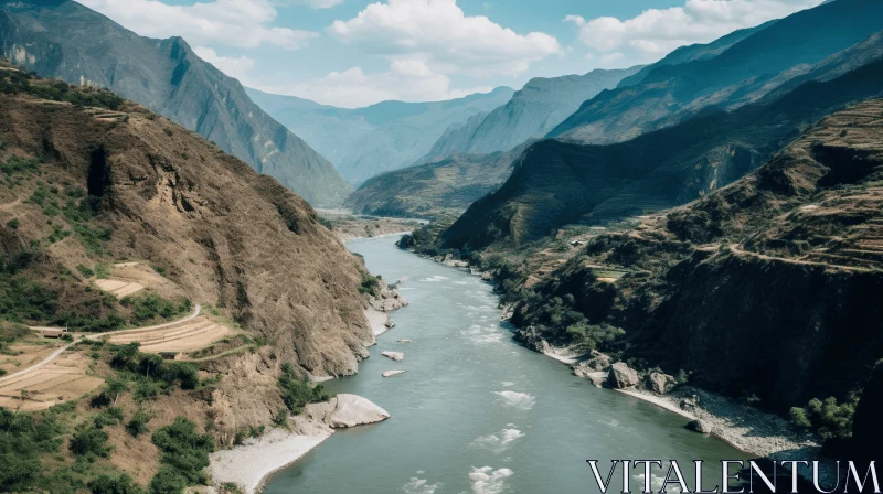 Captivating Aerial Shot: River Flowing Over a Valley AI Image