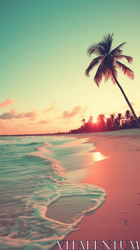 Dreamy Tropical Beach Sunset with Retro Filters AI Image