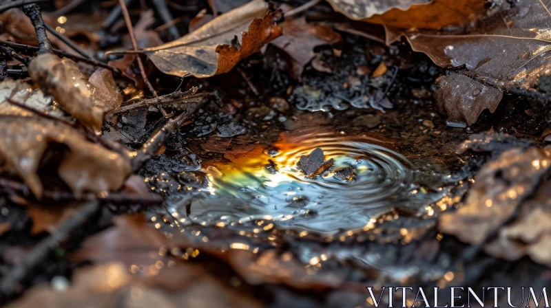 AI ART Reflective Nature: A Captivating Puddle of Water and Fallen Leaves
