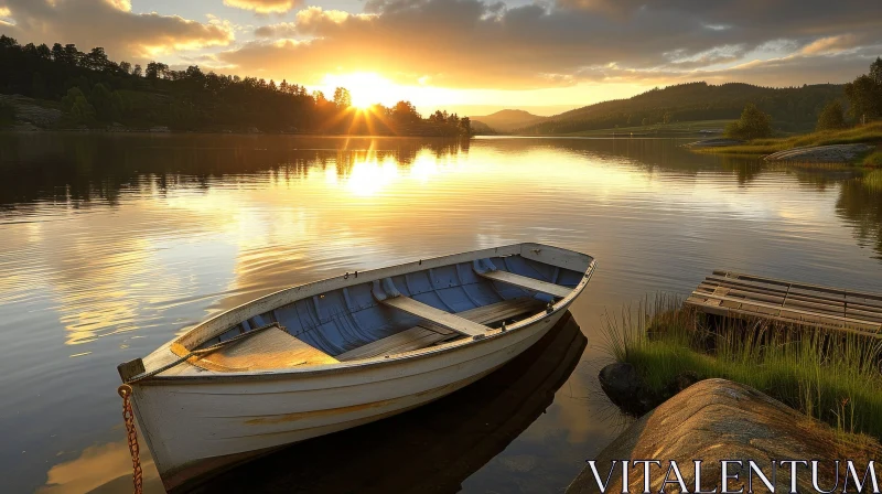 Serene Wooden Boat on a Calm Lake at Sunset AI Image