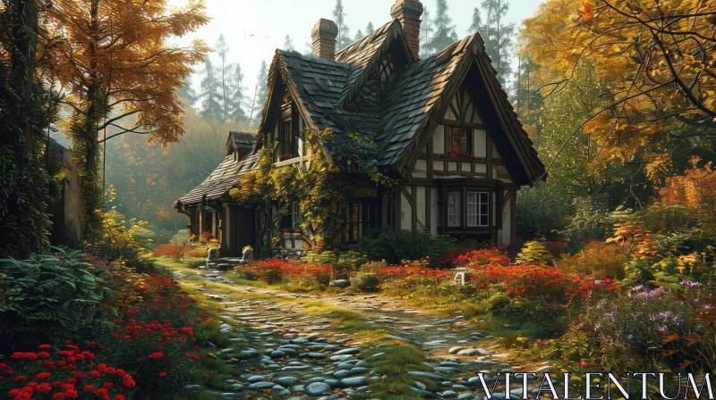 Tranquil Cottage in the Woods: A Captivating Landscape AI Image