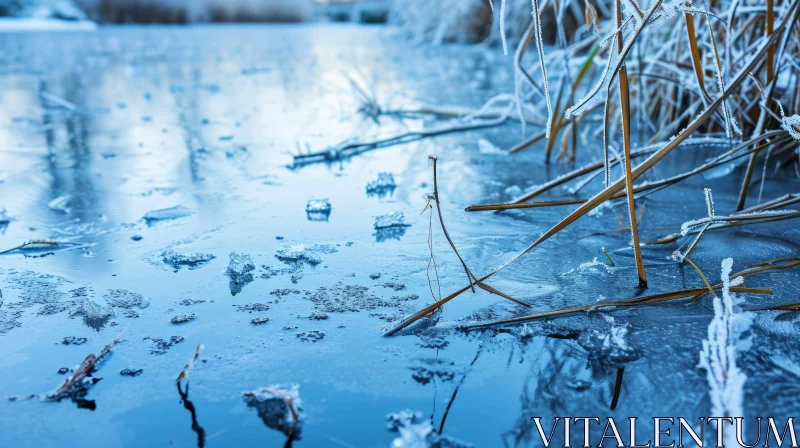 Tranquil Winter Scene: Frozen Lake with a Dusting of Snow AI Image
