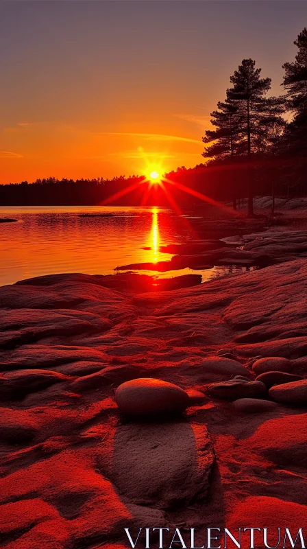 Captivating Sunrise Over Rocky Shore | Dark Red and Orange Hues AI Image