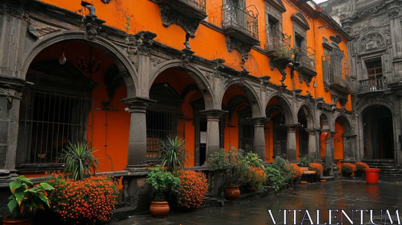 Colonial-Style Building with Orange Facade and Dark Gray Accents AI Image