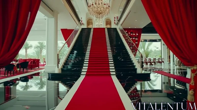 AI ART Elegant Grand Staircase with Red Carpet and Marble Columns