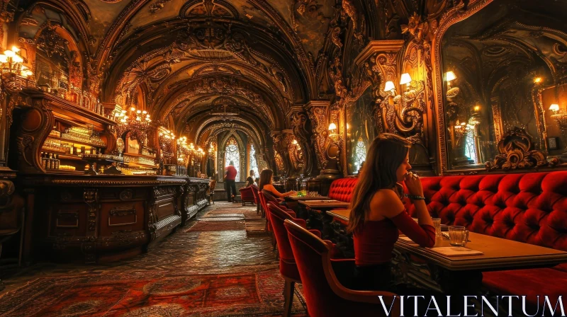Luxurious Restaurant with Woman in Red Dress | Captivating Ambience AI Image