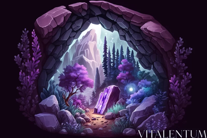 Mysterious Fairy Tale Cave with Purple Trees | Hyper-Detailed Illustration AI Image