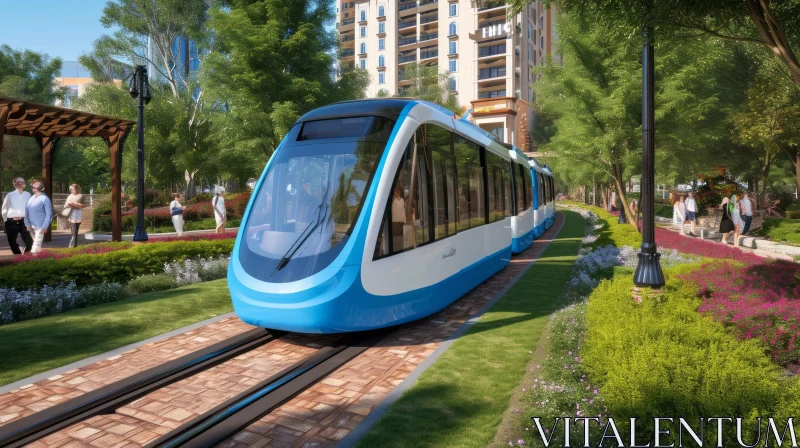 Serene Cityscape: Modern Tram Amidst Nature's Tapestry AI Image