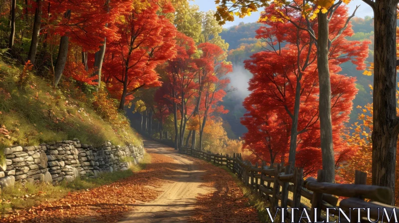 Serene Fall Landscape: Winding Road Through Foliage AI Image