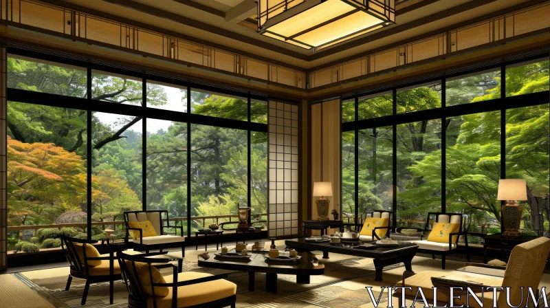 AI ART Serene Japanese Living Room with Garden View