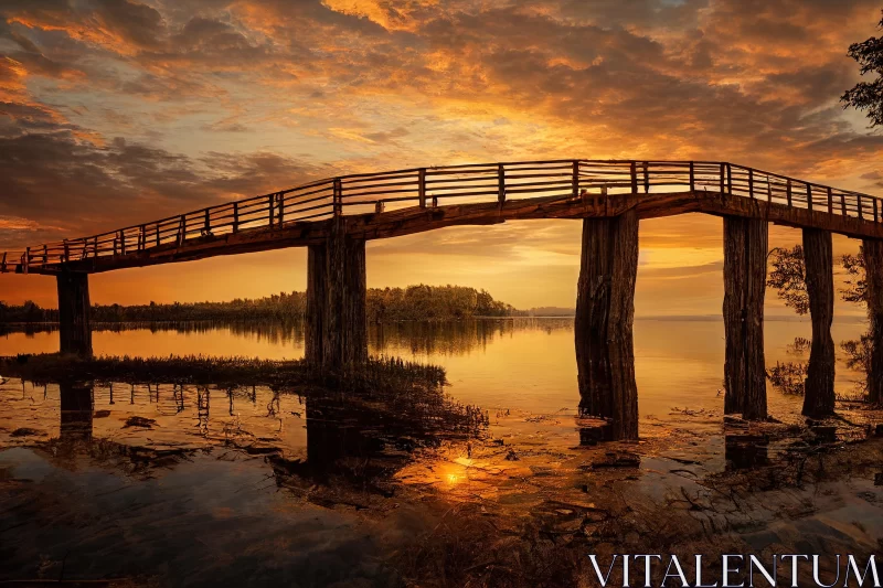 Wooden Bridge over Water at Sunset: A Captivating Landscape AI Image