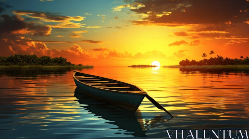 Breathtaking Sunset: Hyperrealistic Illustration of a Peaceful Boat Floating on a Calm Lake AI Image