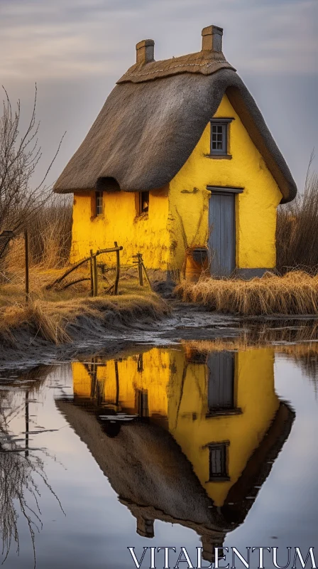 Captivating Reflection: Yellow House with Thatched Roof in Moody and Evocative Style AI Image