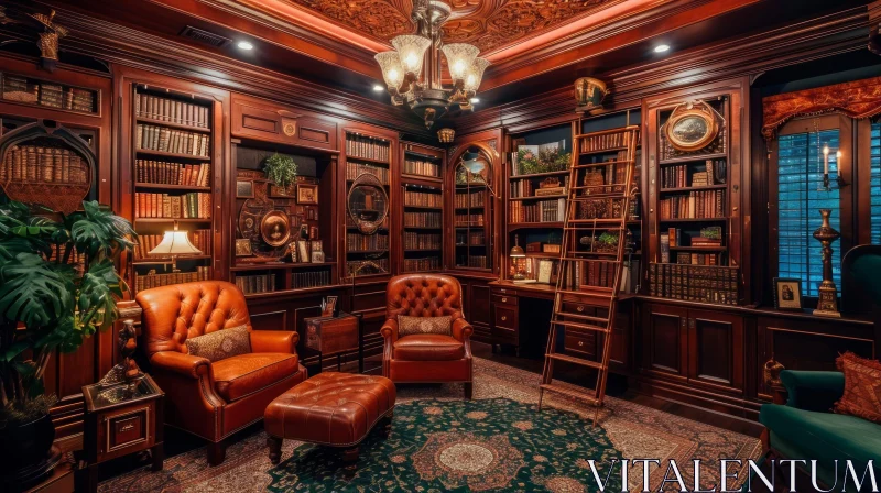 Enchanting Library with Wood Bookshelves, Persian Rug, and Horse Painting AI Image