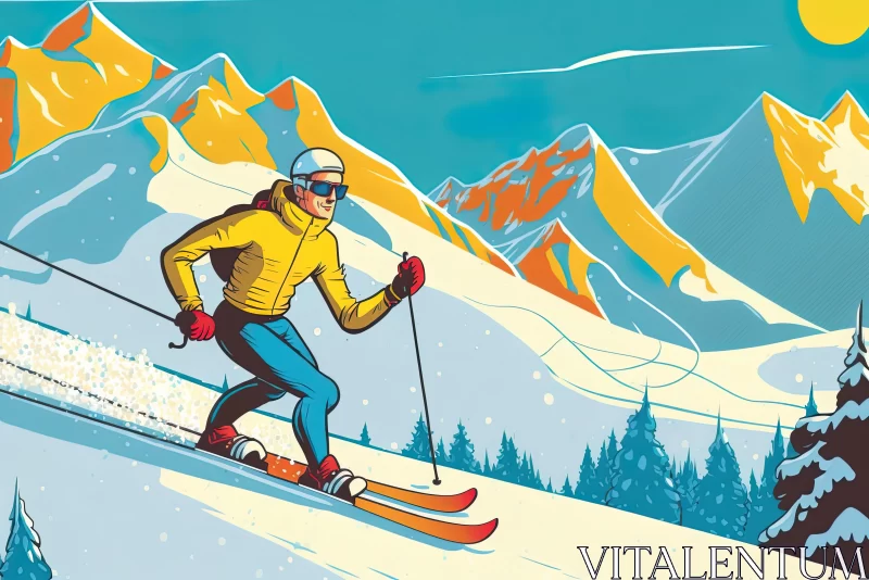 Graceful Skier in a Yellow Jacket Descending a Snowy Mountain AI Image