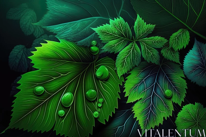 Green Leaves with Water Droplets on a Dark Background - Hyper-Detailed Illustrations AI Image
