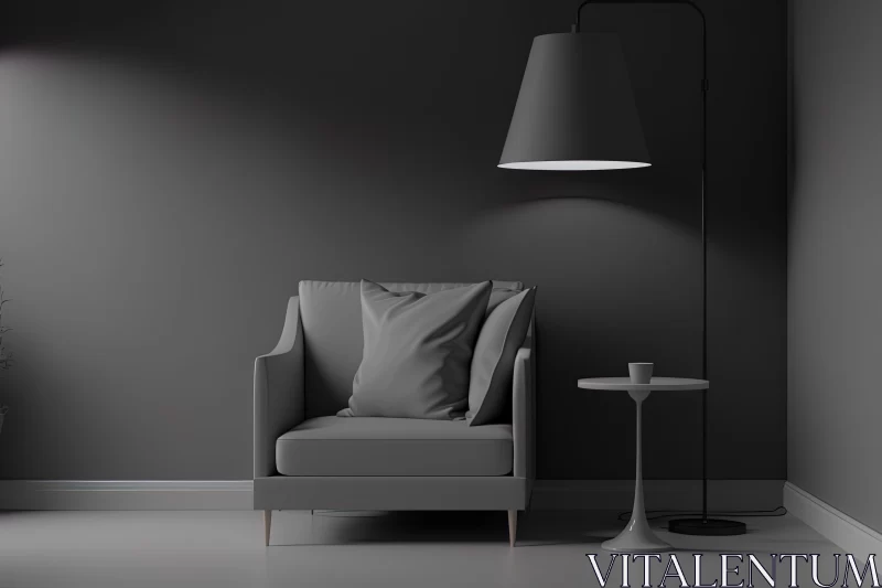 Minimalistic Grey Chair and Lamp in Dark Room AI Image