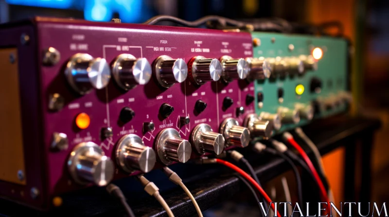 Purple and Green Audio Equalizer with Knobs and Buttons AI Image