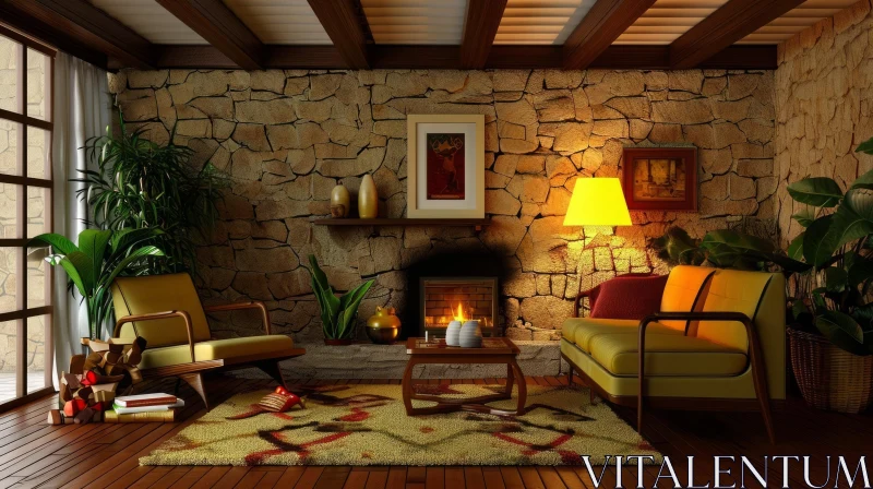 Rustic Living Room | 3D Rendering | Stone Walls | Wooden Beamed Ceiling AI Image