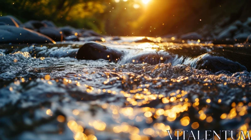 Serene River Close-Up with Sunlight and Bokeh | Nature Photography AI Image