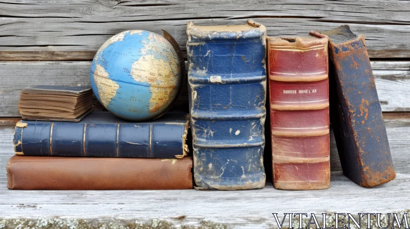 Vintage Stack of Books and Globe on Wooden Background AI Image