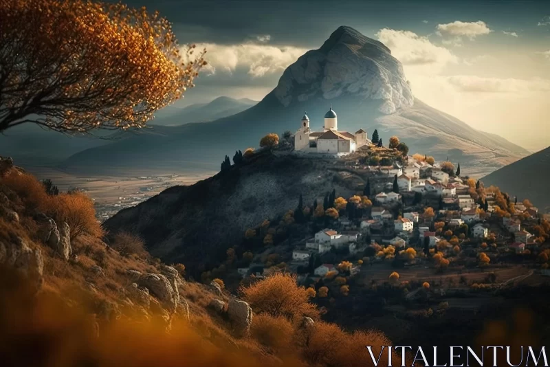 Autumn Mountain Village Painting | Byzantine-inspired Landscape AI Image