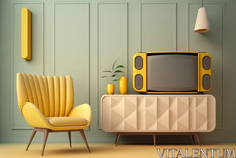 AI ART Captivating Retro Design Interior with Yellow Sofa and Modern TV
