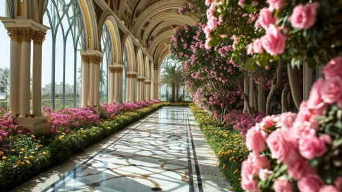 Elegant and Serene Long Hallway with Marble Floor and Pink Trees in Bloom