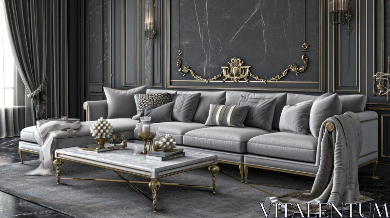Luxurious Living Room with Dark Marble Floor and Gray Sofa AI Image