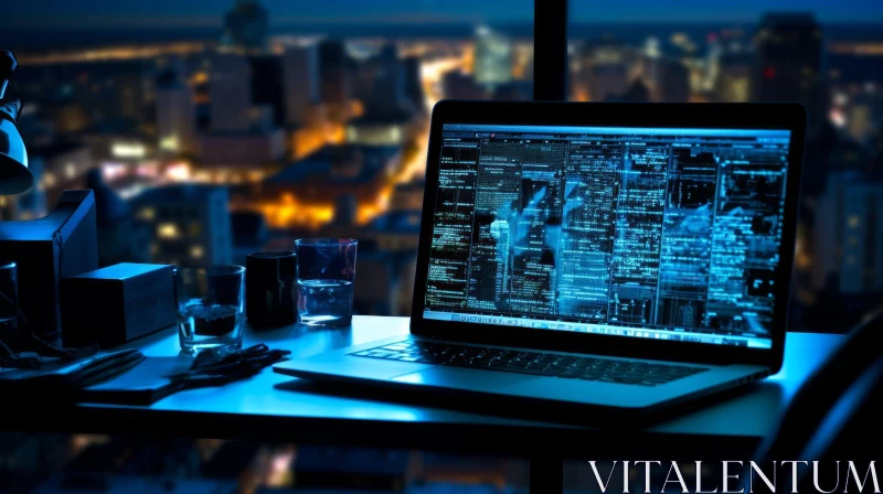 Modern Technology: Laptop with Code on Desk in City Night Setting AI Image