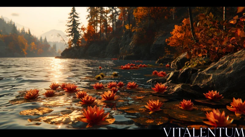 Serene Mountain Lake Landscape: Calm Water, Vibrant Trees AI Image