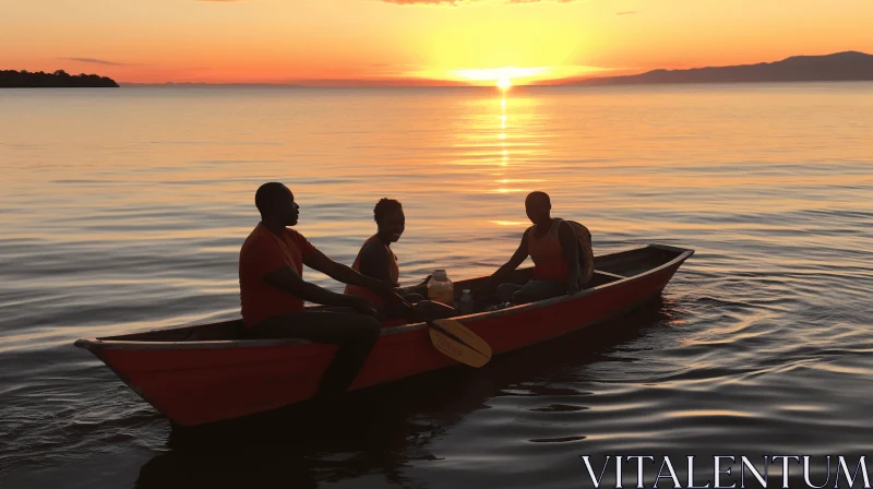 Serene Sunrise Scene with Canoe and Three People | Afro-Colombian Themes AI Image
