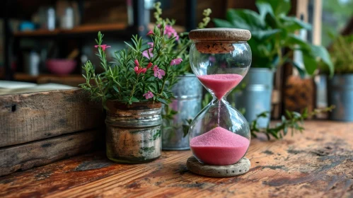 Captivating Still Life: Wooden Table with Potted Plant and Hourglass