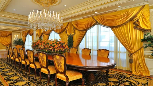 Luxurious Dining Room with Wooden Table and Yellow Upholstery