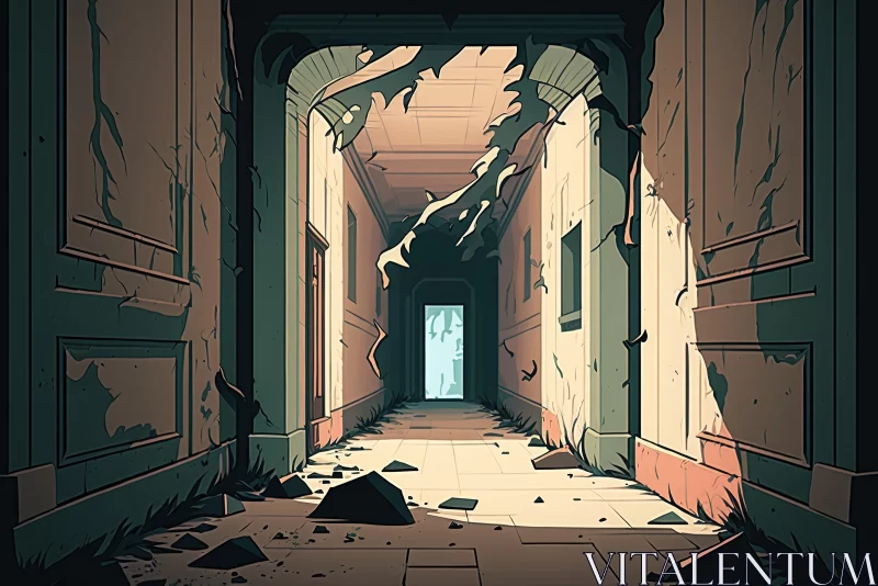 Mysterious Illustration of an Old Broken Corridor with Cartoonish Character Design AI Image