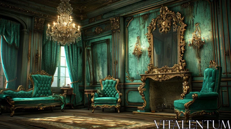 Opulent Green and Gold Luxurious Room with Art and Chandelier AI Image