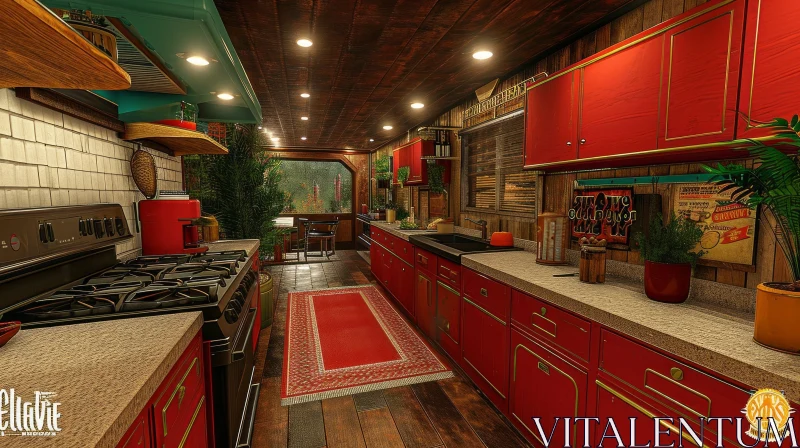 Retro-Style Kitchen in a House with Red Cabinets and Natural Light AI Image