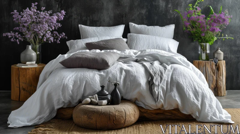 Serene and Peaceful Bedroom with White Linen Bedding and Gray Pillowcase AI Image