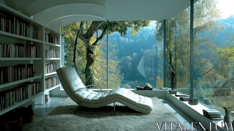 Serene Living Room with Glass Window Overlooking Forest AI Image