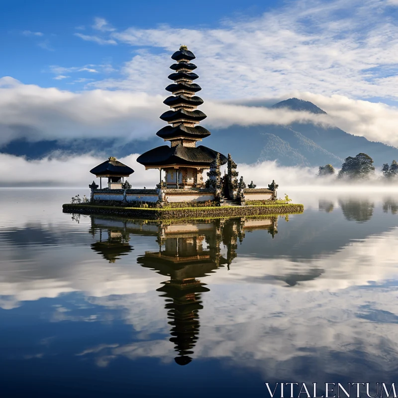 Temple Reflection in Tranquil Waters: A Captivating Nature Scene AI Image