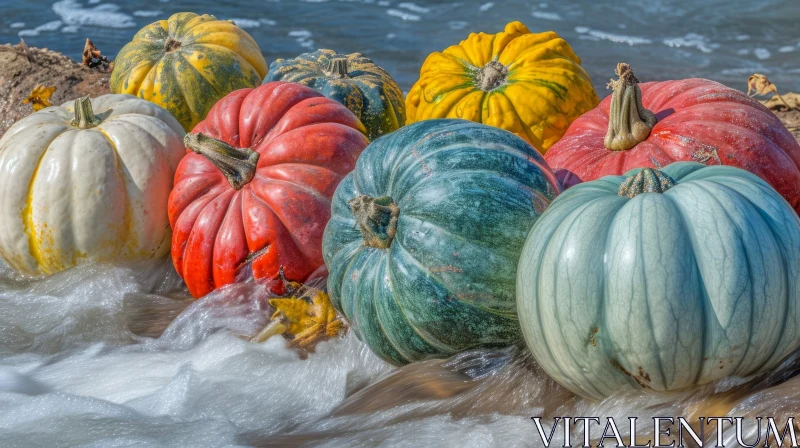AI ART Colorful Pumpkins on the Shore | Dynamic Water Scene