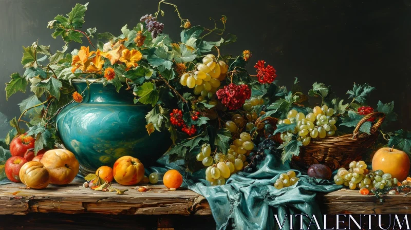 Dark Blue Vase with Flowers and Fruit - Still Life Painting AI Image