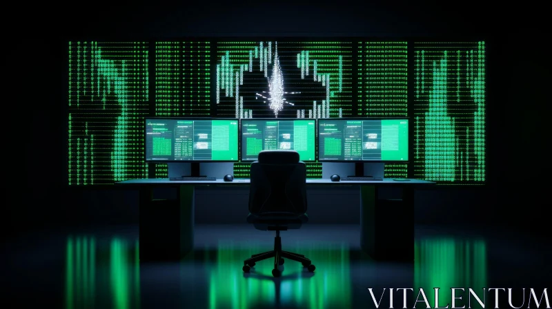 Dark Room with Green Binary Code on Monitors AI Image