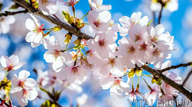 Delicate Cherry Blossoms in Full Bloom Against a Blue Sky AI Image