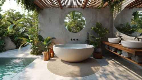 Exquisite Bathroom with Round Marble Bathtub and Green Jungle Surroundings