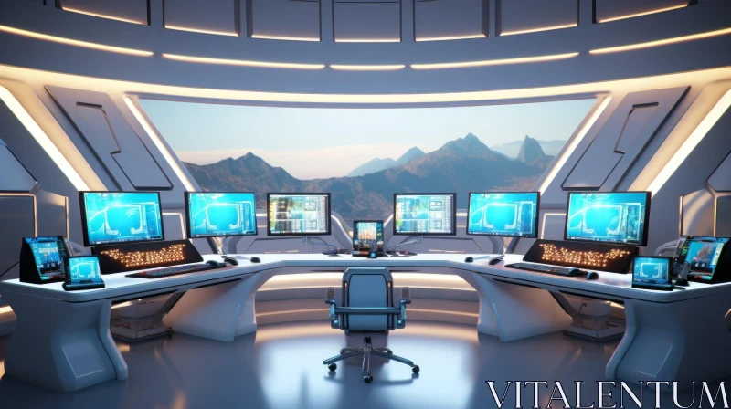 Futuristic Control Room with Mountain View AI Image